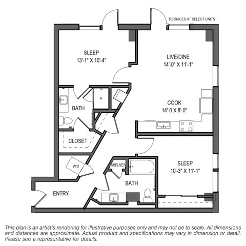 Floor plan for 2 beds, 2 baths, 1034 sqft